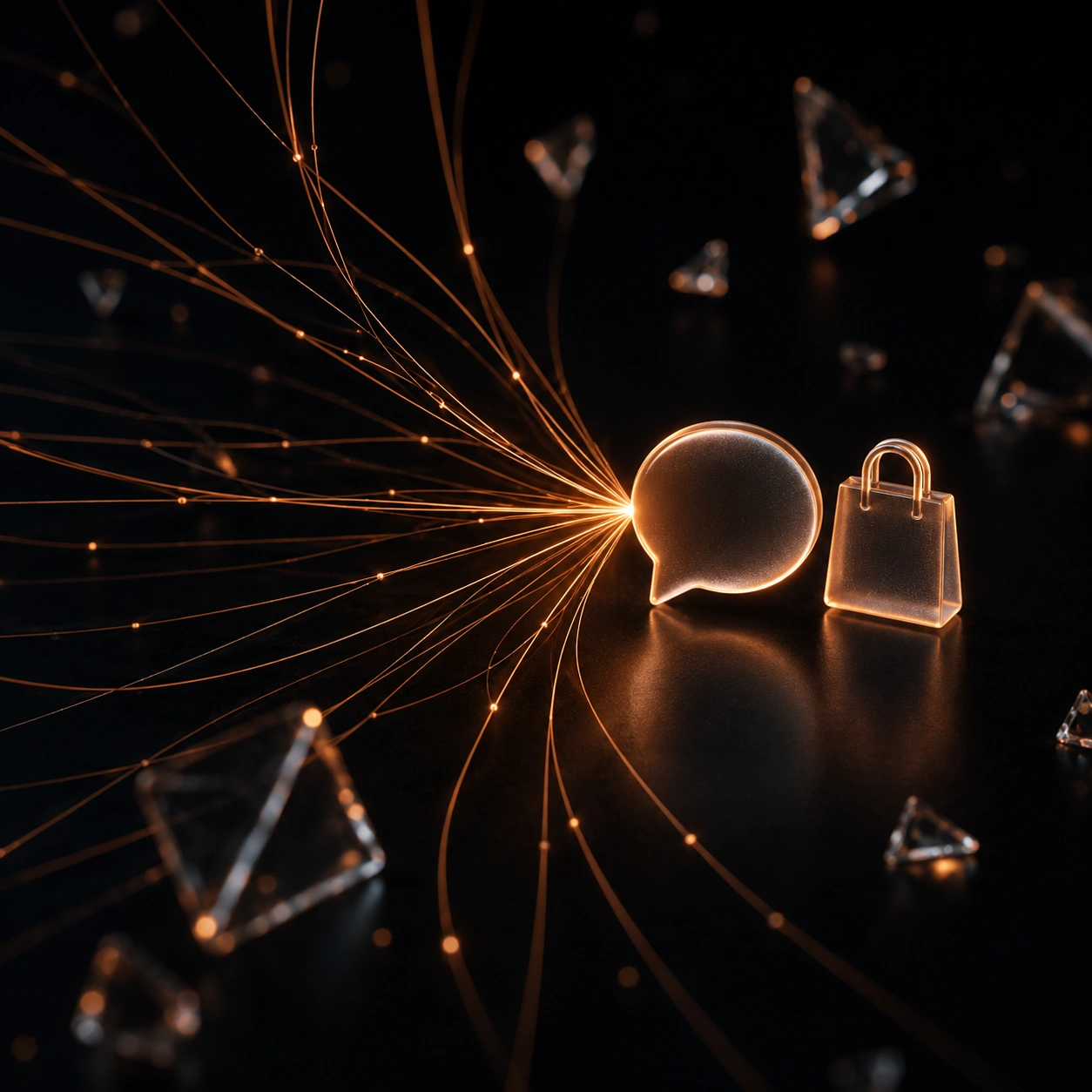 Copper network lines converging into a glowing AI chat bubble beside a shopping bag, visualizing AI search visibility for online stores