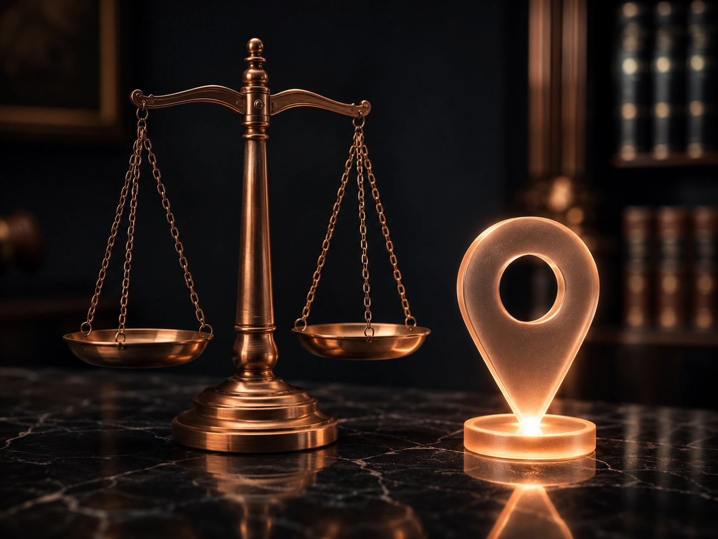 Copper scales of justice beside a glowing map pin on dark marble, representing local SEO and Google Maps visibility for attorneys and law firms