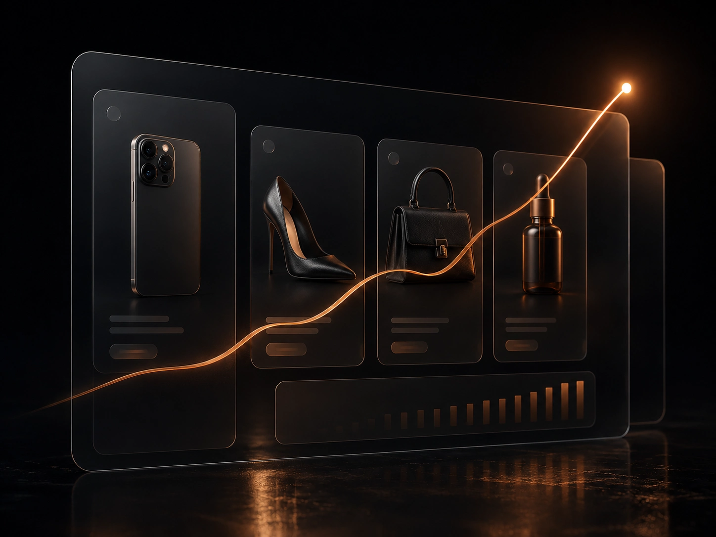 Glass e-commerce storefront panels with a rising copper revenue curve, representing organic search growth for Shopify and WordPress stores