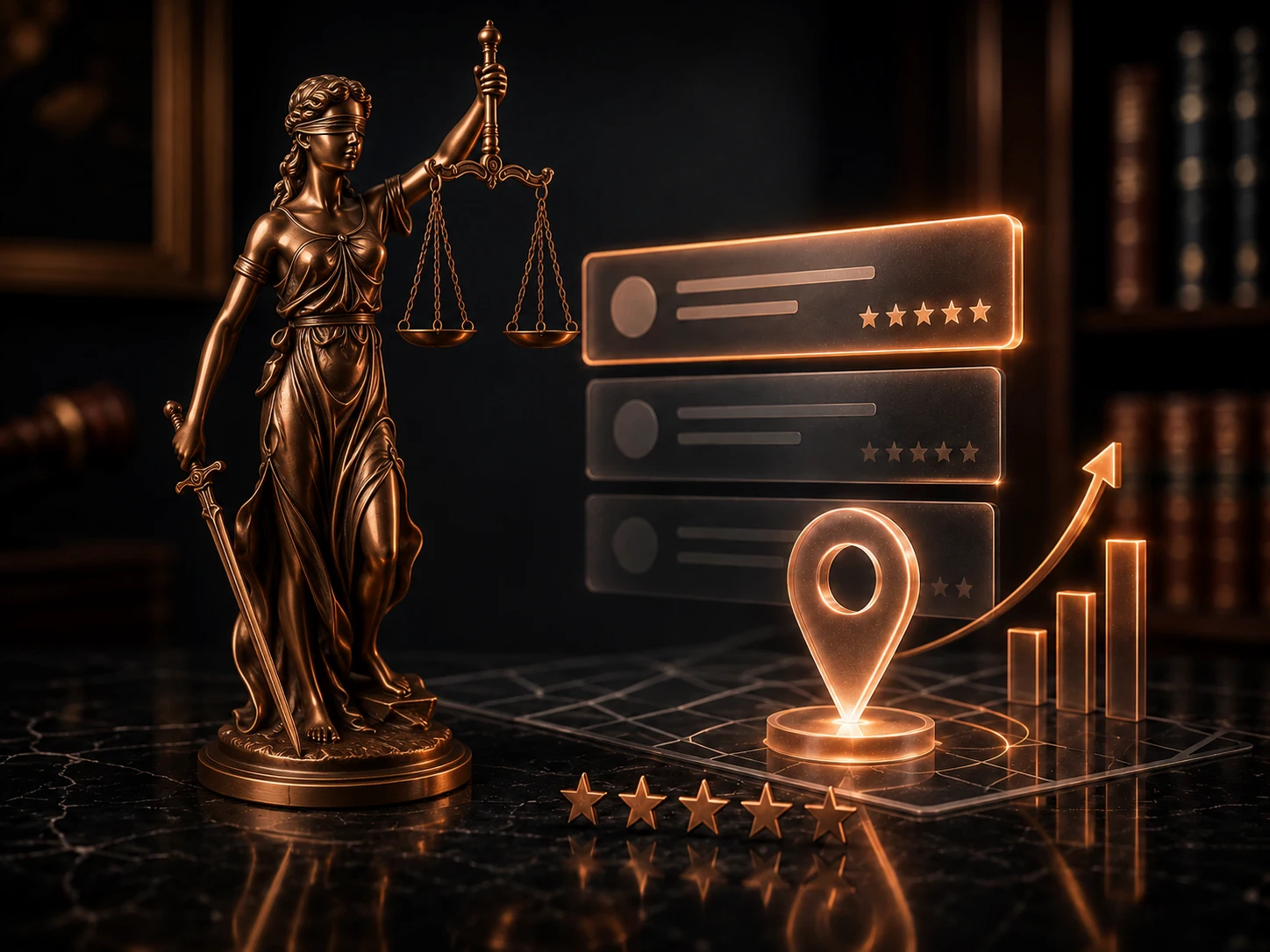 Copper scales of justice on dark marble, the law firm path