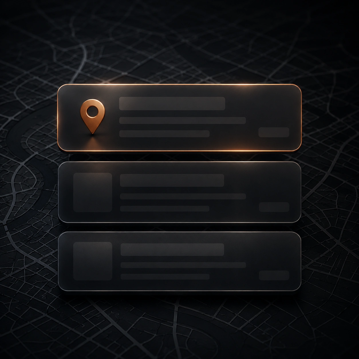 Three glass search result cards over a dark map texture with the top position glowing copper, showing the local pack rankings law firms compete for